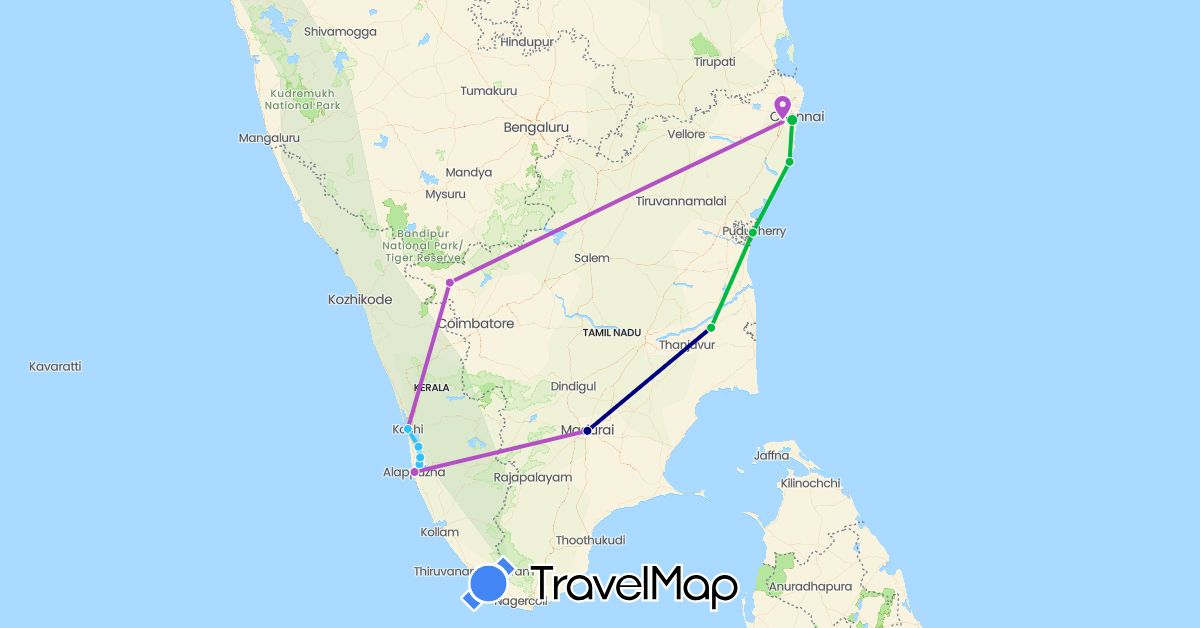 TravelMap itinerary: driving, bus, train, boat in India (Asia)