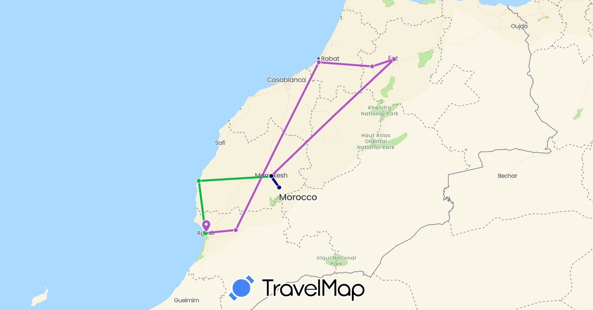 TravelMap itinerary: driving, bus, train in Morocco (Africa)