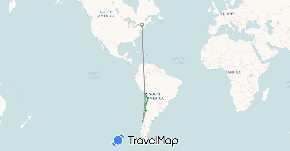 TravelMap itinerary: driving, bus, plane in Chile, United States (North America, South America)